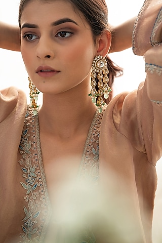 Gold Plated Kundan Polki & Mint Green Natural Stone Dangler Earrings by Do Taara