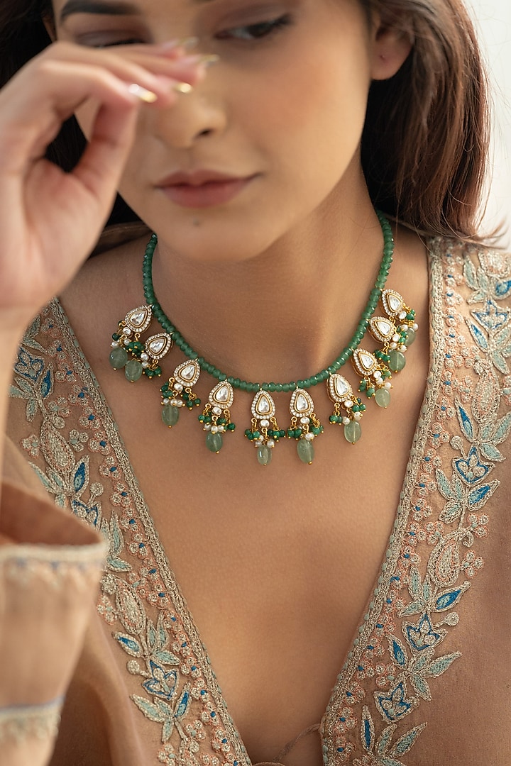 Gold Plated Mint Kundan Polki & Pearl Necklace by Do Taara at Pernia's Pop Up Shop