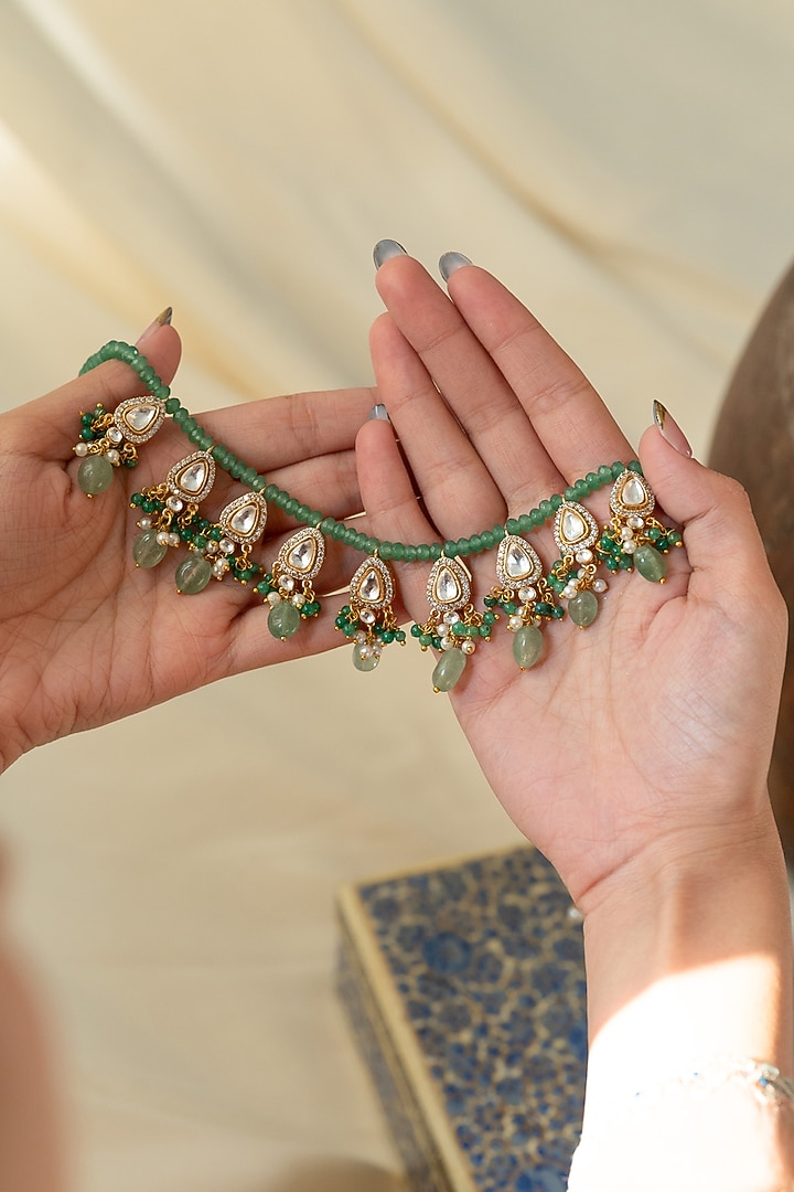 Gold Plated Mint Kundan Polki & Pearl Necklace by Do Taara at Pernia's Pop Up Shop