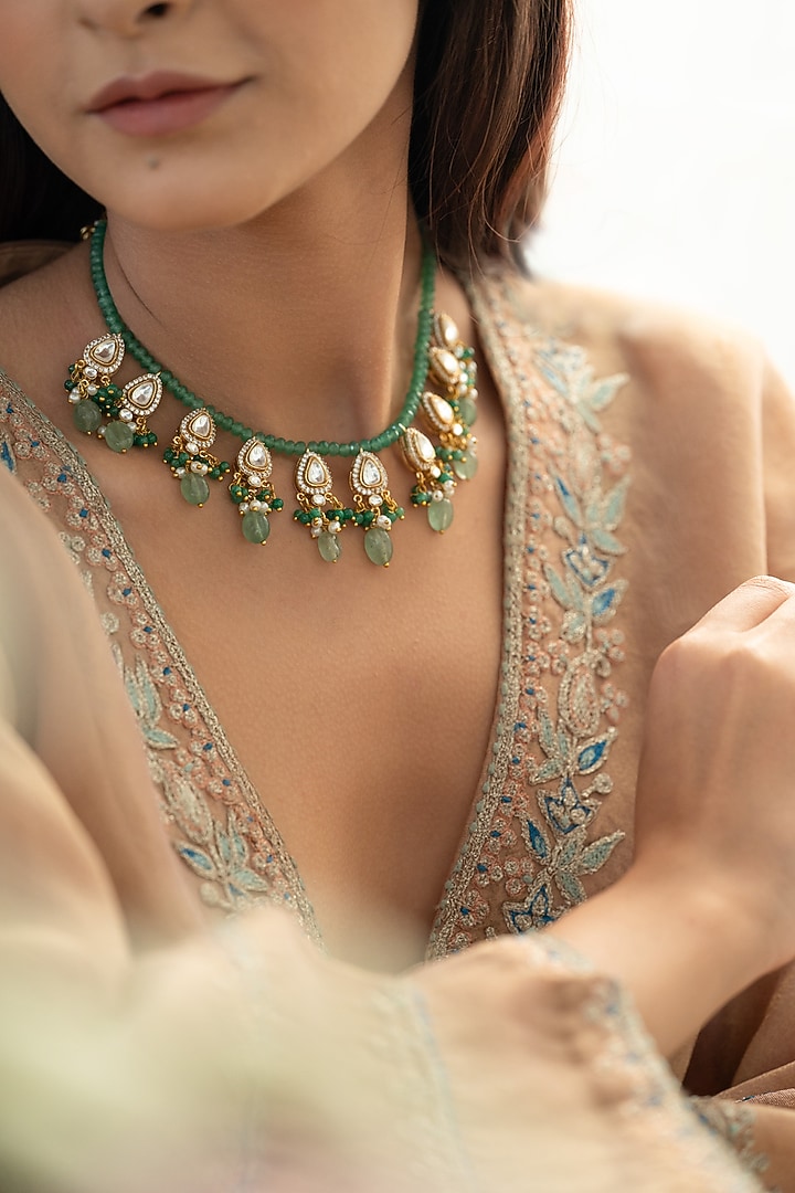 Gold Plated Mint Kundan Polki & Pearl Necklace by Do Taara at Pernia's Pop Up Shop