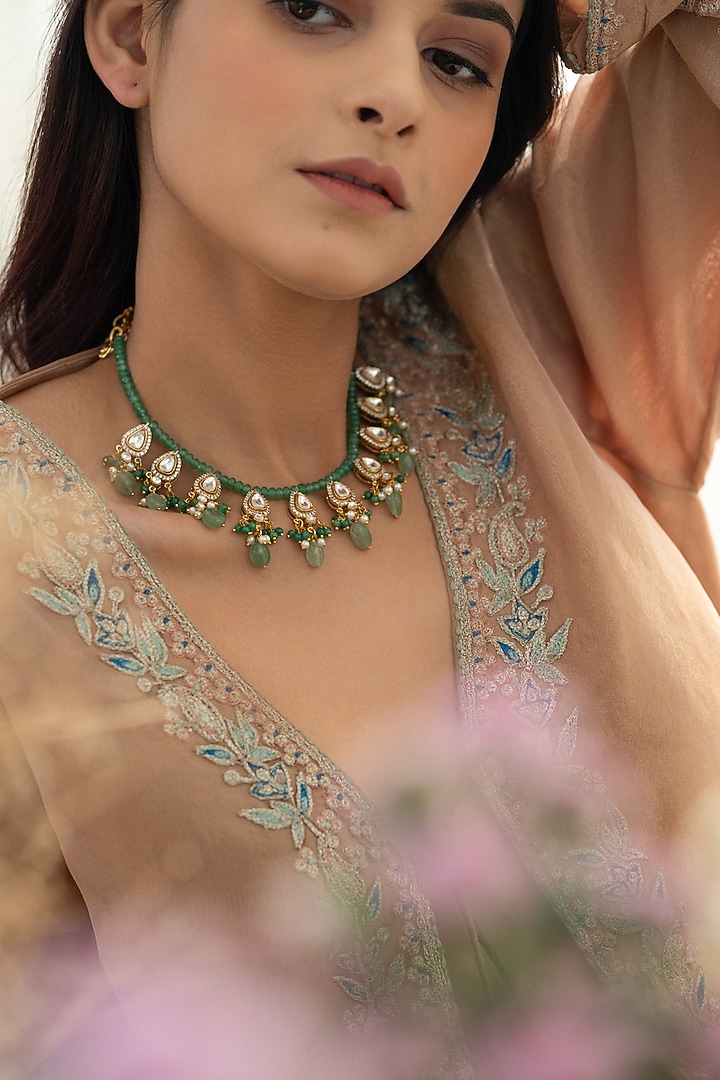 Gold Plated Mint Kundan Polki & Pearl Necklace by Do Taara at Pernia's Pop Up Shop