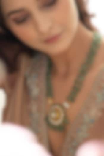 Gold Plated Floral Kundan Polki & Mint Fluorite Stone Pendant Necklace by Do Taara at Pernia's Pop Up Shop