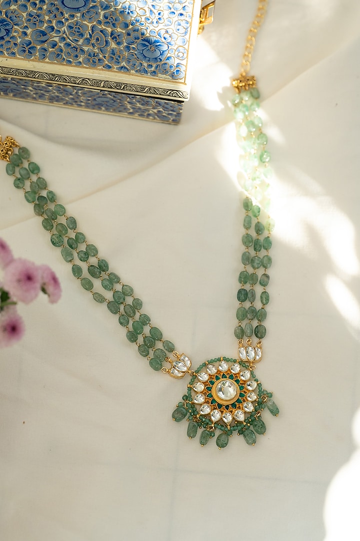 Gold Plated Floral Kundan Polki & Mint Fluorite Stone Pendant Necklace by Do Taara at Pernia's Pop Up Shop