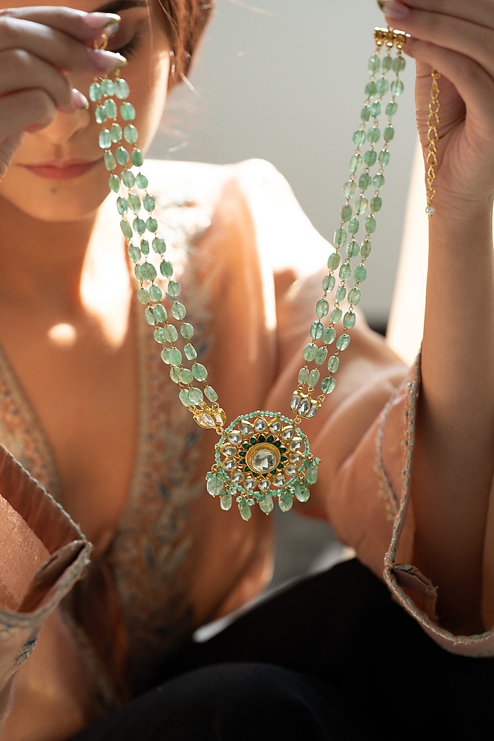 Gold Plated Floral Kundan Polki & Mint Fluorite Stone Pendant Necklace by Do Taara at Pernia's Pop Up Shop