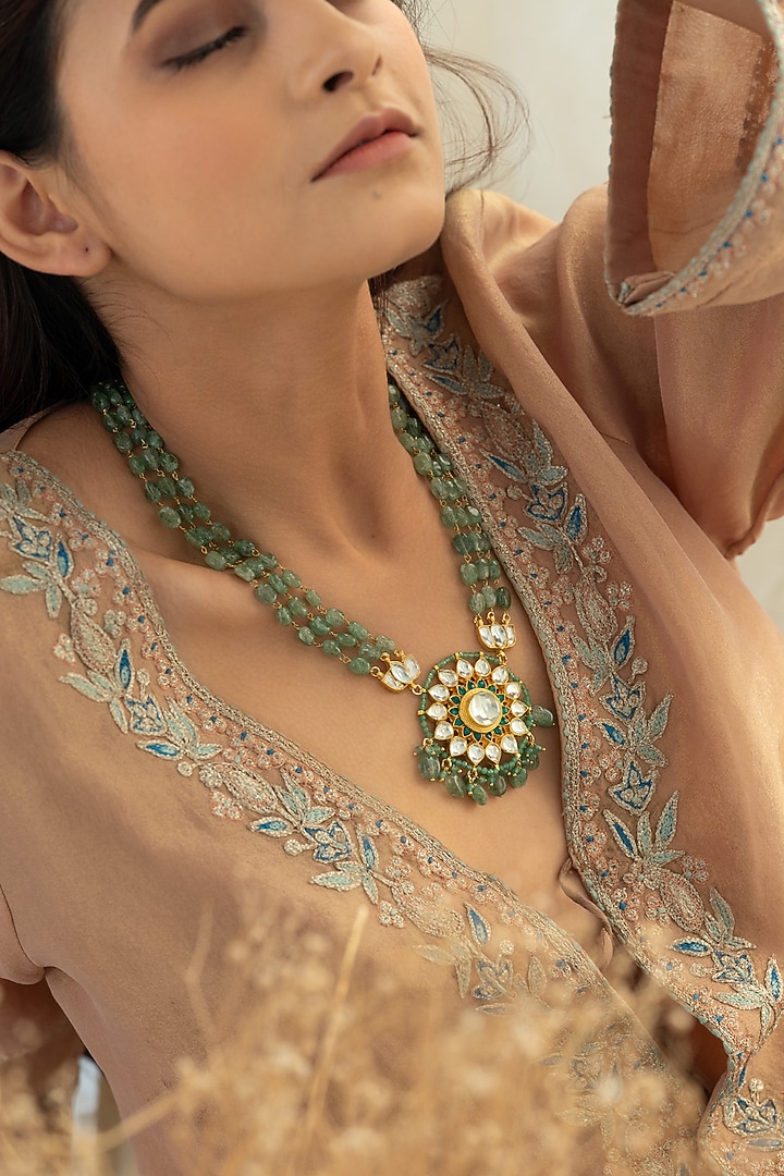 Gold Plated Floral Kundan Polki & Mint Fluorite Stone Pendant Necklace by Do Taara at Pernia's Pop Up Shop