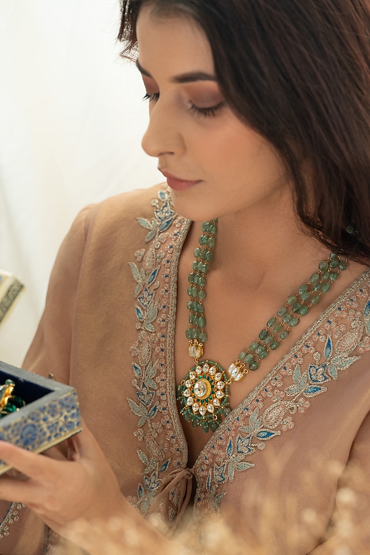 Gold Plated Floral Kundan Polki & Mint Fluorite Stone Pendant Necklace by Do Taara at Pernia's Pop Up Shop