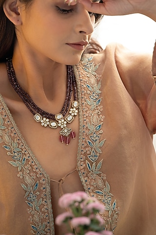 Gold Plated Purple Kundan Polki & Pink Natural Stone Necklace by Do Taara