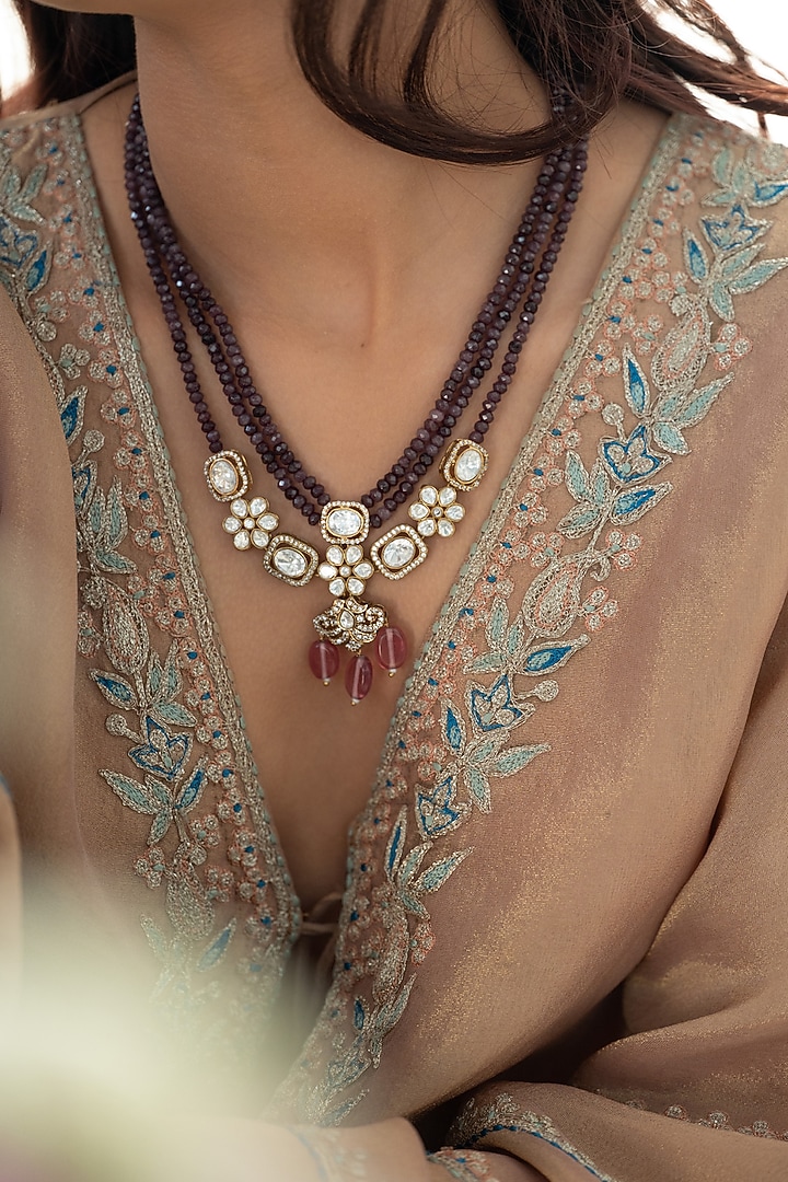 Gold Plated Purple Kundan Polki & Pink Natural Stone Necklace by Do Taara at Pernia's Pop Up Shop