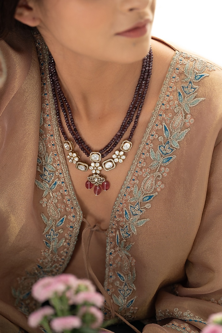 Gold Plated Purple Kundan Polki & Pink Natural Stone Necklace by Do Taara at Pernia's Pop Up Shop