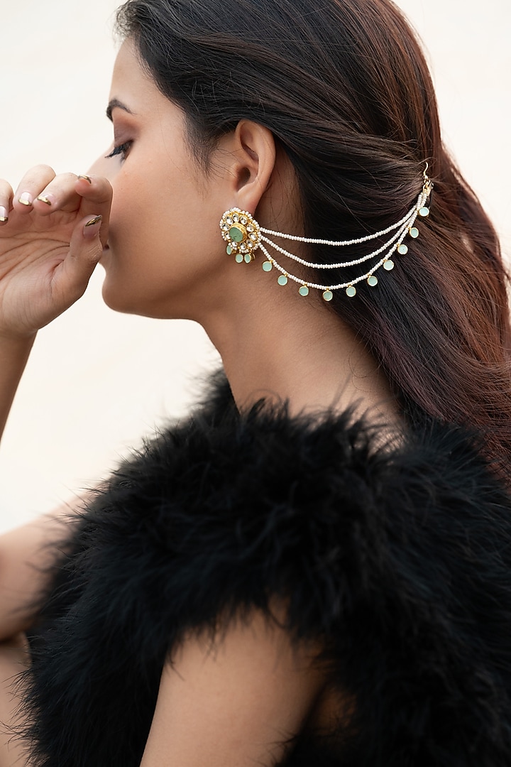 Gold Plated Mint Kundan Polki & Pearl Floral Earchains by Do Taara at Pernia's Pop Up Shop