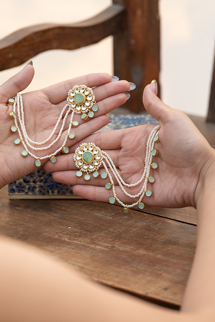 Gold Plated Mint Kundan Polki & Pearl Floral Earchains by Do Taara at Pernia's Pop Up Shop