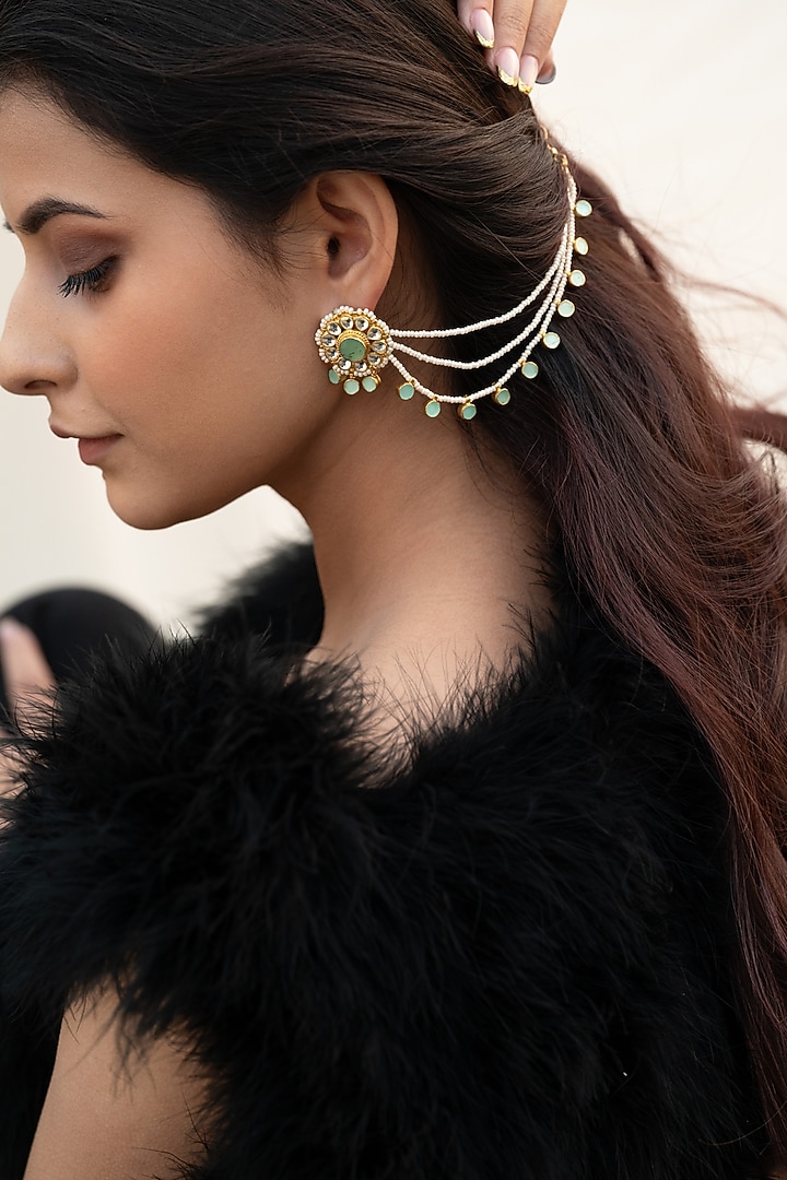 Gold Plated Mint Kundan Polki & Pearl Floral Earchains by Do Taara at Pernia's Pop Up Shop