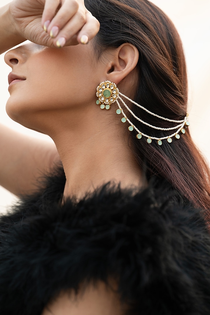 Gold Plated Mint Kundan Polki & Pearl Floral Earchains by Do Taara at Pernia's Pop Up Shop