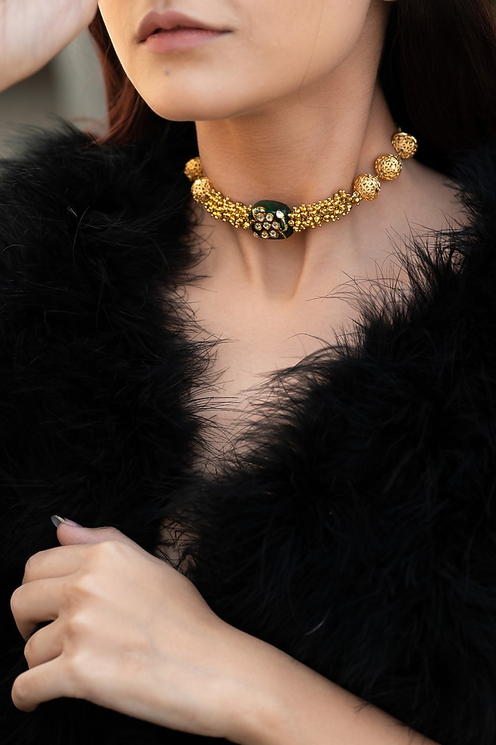 Gold Plated Green Natural Stone Choker Necklace by Do Taara at Pernia's Pop Up Shop