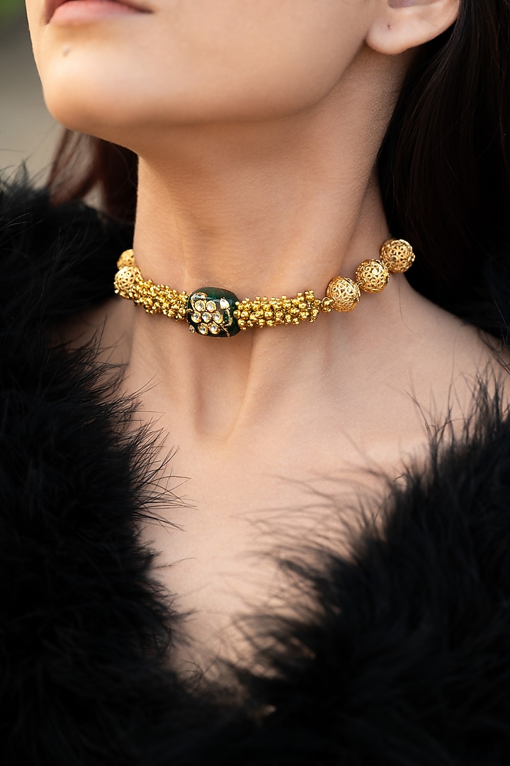 Gold Plated Green Natural Stone Choker Necklace by Do Taara at Pernia's Pop Up Shop