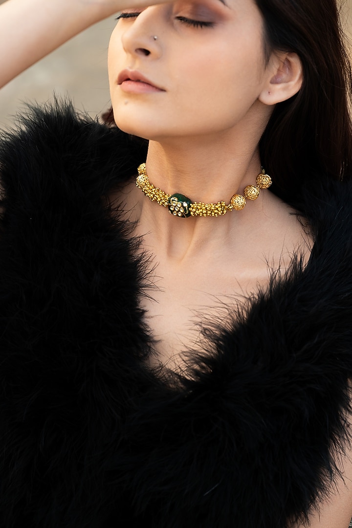 Gold Plated Green Natural Stone Choker Necklace by Do Taara at Pernia's Pop Up Shop