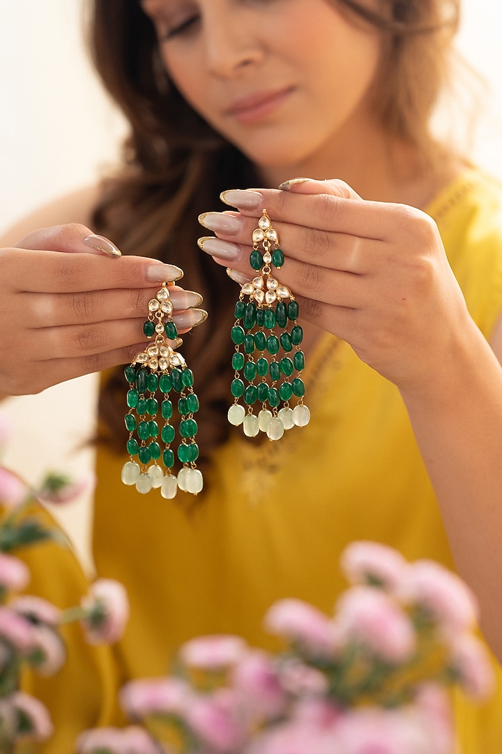 Gold Plated Kundan Polki & Fluorite Stone Dangler Earrings by Do Taara at Pernia's Pop Up Shop