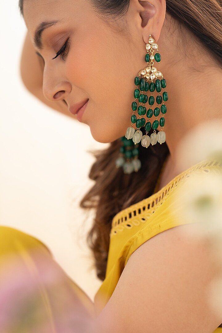 Gold Plated Kundan Polki & Fluorite Stone Dangler Earrings by Do Taara at Pernia's Pop Up Shop