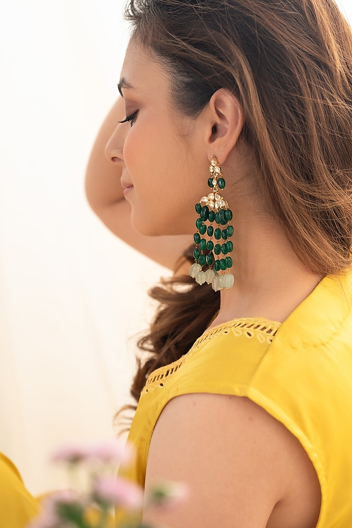 Gold Plated Kundan Polki & Fluorite Stone Dangler Earrings by Do Taara at Pernia's Pop Up Shop