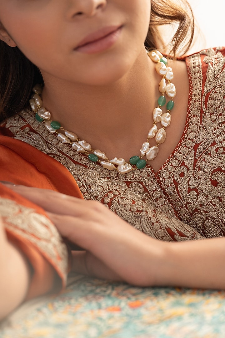 Gold Plated Mint Fluorite Stone & Pearl Layered Necklace by Do Taara at Pernia's Pop Up Shop