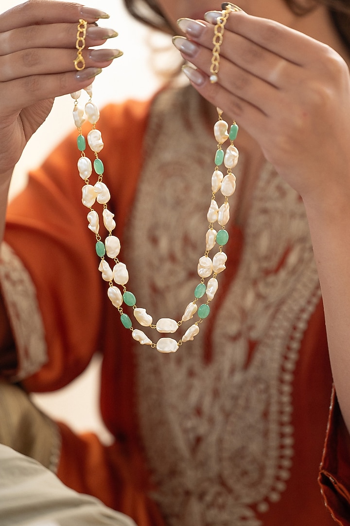 Gold Plated Mint Fluorite Stone & Pearl Layered Necklace by Do Taara at Pernia's Pop Up Shop