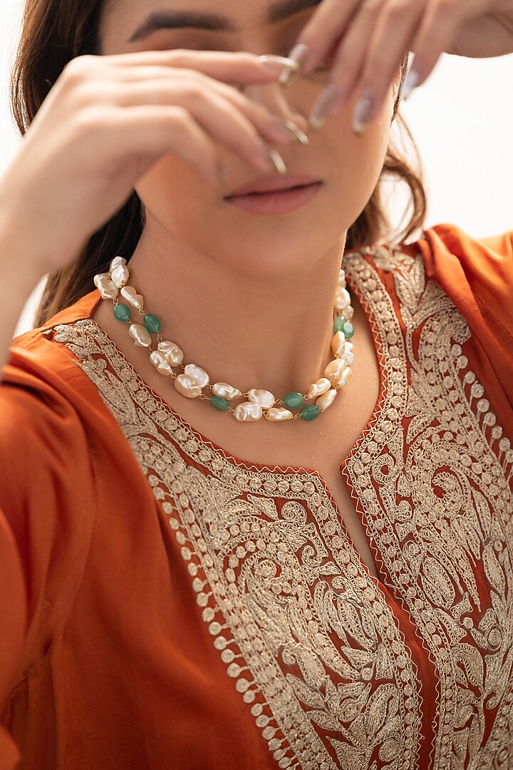 Gold Plated Mint Fluorite Stone & Pearl Layered Necklace by Do Taara at Pernia's Pop Up Shop