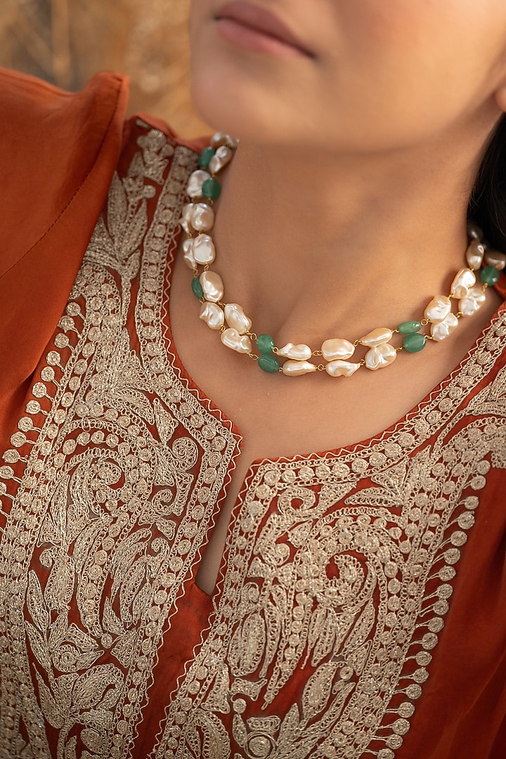 Gold Plated Mint Fluorite Stone & Pearl Layered Necklace by Do Taara at Pernia's Pop Up Shop