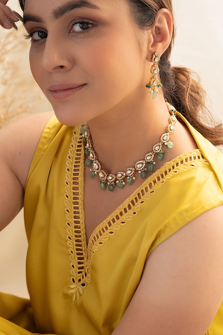 Gold Plated Kundan Polki & Mint Fluorite Stone Necklace Set by Do Taara at Pernia's Pop Up Shop