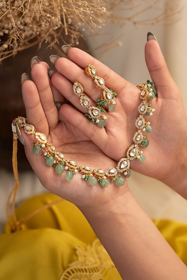 Gold Plated Kundan Polki & Mint Fluorite Stone Necklace Set by Do Taara at Pernia's Pop Up Shop