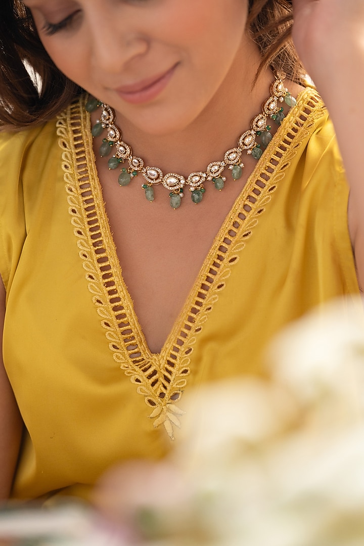 Gold Plated Kundan Polki & Mint Fluorite Stone Necklace Set by Do Taara at Pernia's Pop Up Shop