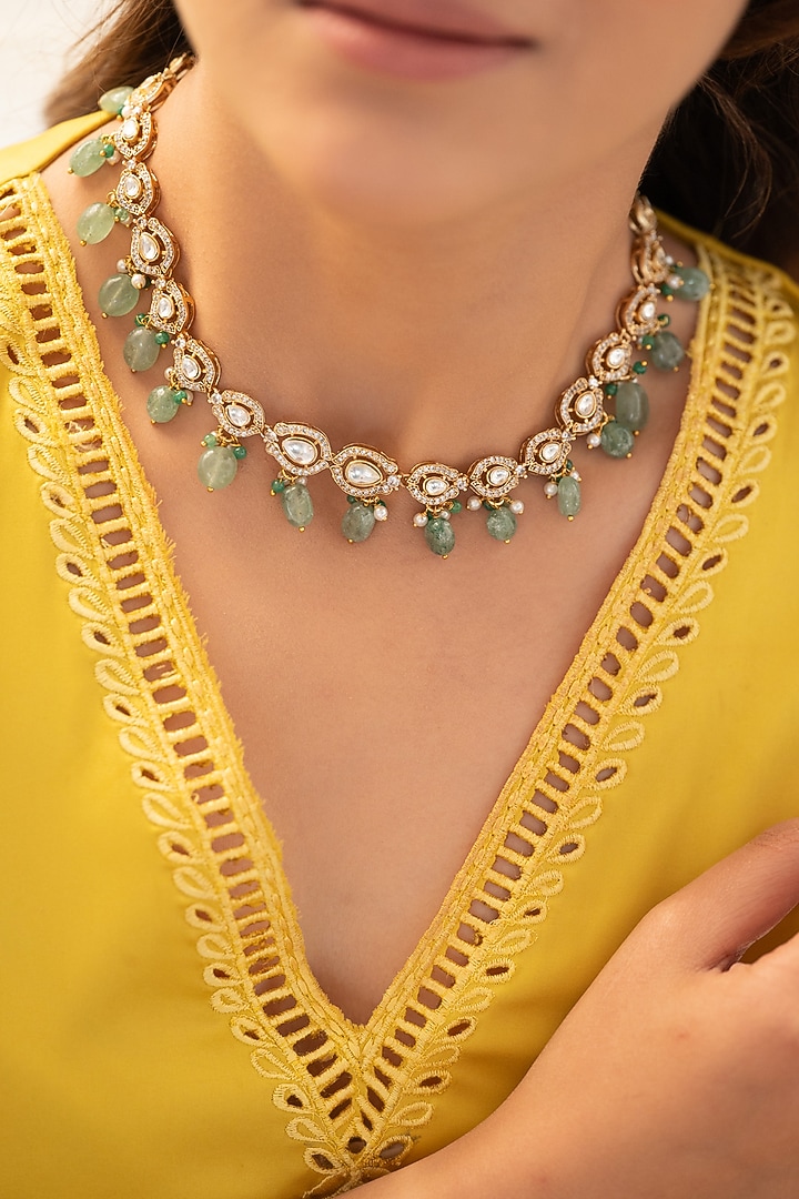 Gold Plated Kundan Polki & Mint Fluorite Stone Necklace Set by Do Taara at Pernia's Pop Up Shop