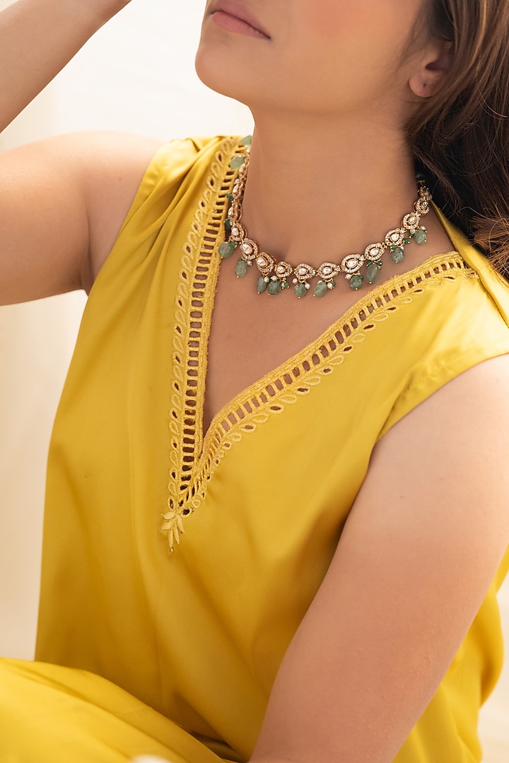 Gold Plated Kundan Polki & Mint Fluorite Stone Necklace Set by Do Taara at Pernia's Pop Up Shop