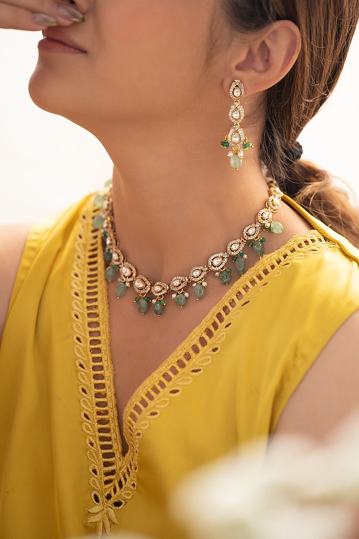 Gold Plated Kundan Polki & Mint Fluorite Stone Necklace Set by Do Taara at Pernia's Pop Up Shop