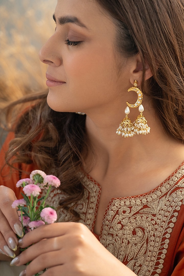 Gold Plated Kundan Polki & Pearl Jhumka Earrings by Do Taara at Pernia's Pop Up Shop