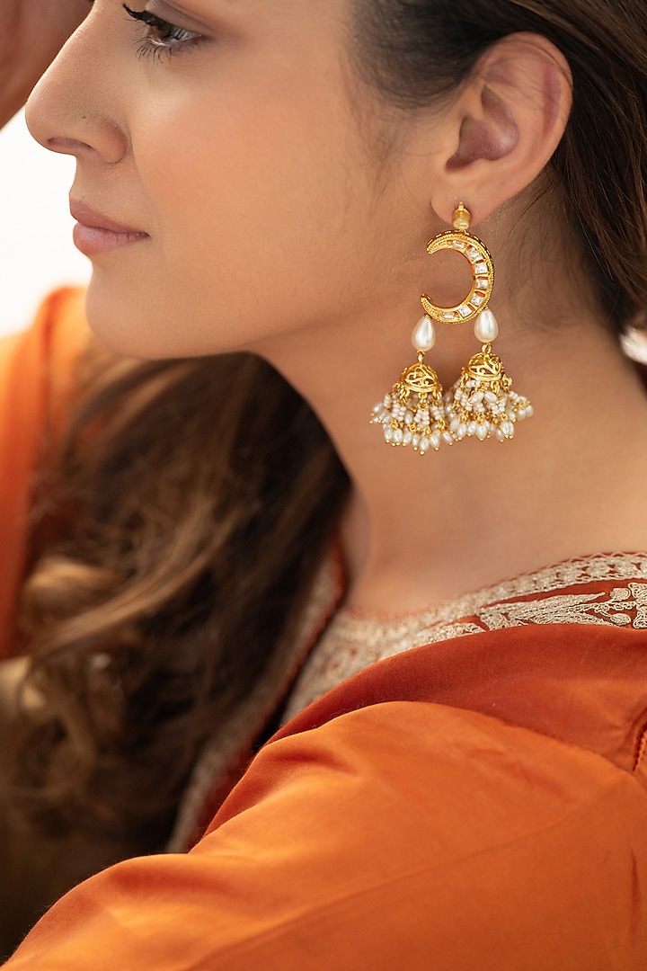Gold Plated Kundan Polki & Pearl Jhumka Earrings by Do Taara at Pernia's Pop Up Shop