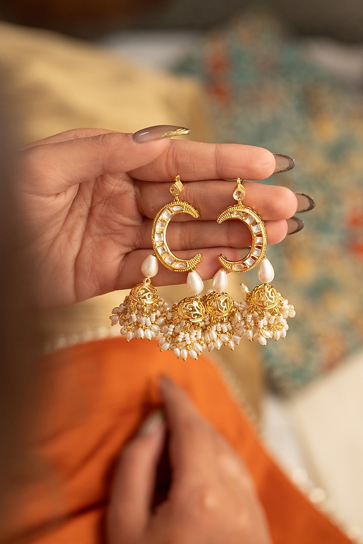 Gold Plated Kundan Polki & Pearl Jhumka Earrings by Do Taara at Pernia's Pop Up Shop