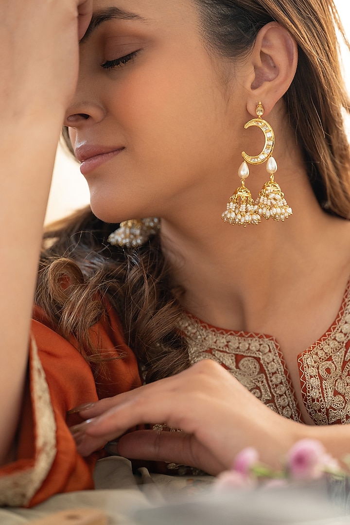 Gold Plated Kundan Polki & Pearl Jhumka Earrings by Do Taara at Pernia's Pop Up Shop