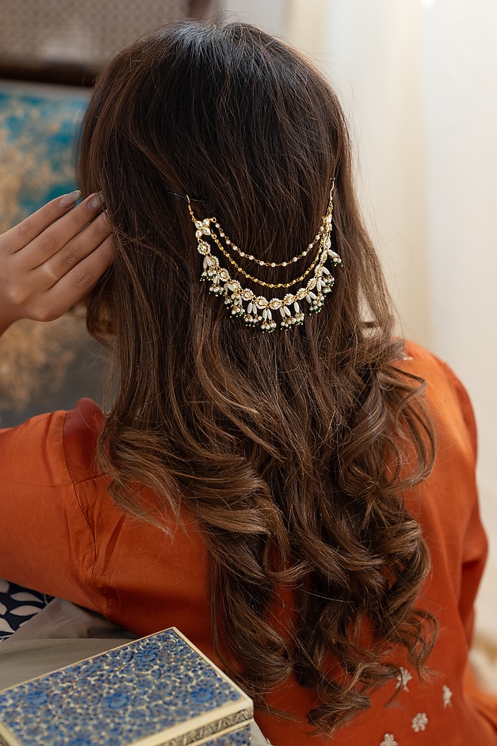 Gold Plated Kundan Polki & Green Hydro Stone Braid Pin by Do Taara at Pernia's Pop Up Shop
