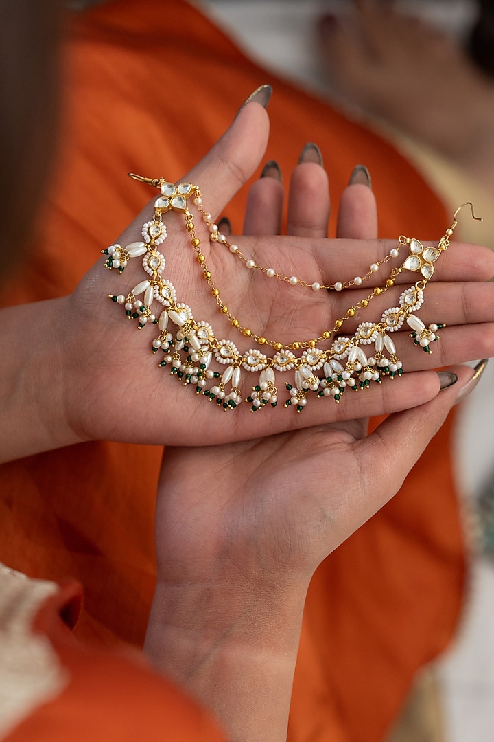 Gold Plated Kundan Polki & Green Hydro Stone Braid Pin by Do Taara at Pernia's Pop Up Shop