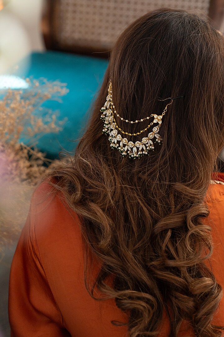 Gold Plated Kundan Polki & Green Hydro Stone Braid Pin by Do Taara at Pernia's Pop Up Shop