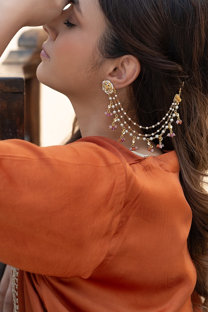 Gold Plated Kundan Polki & Multi-Colored Onyx Earchains by Do Taara at Pernia's Pop Up Shop