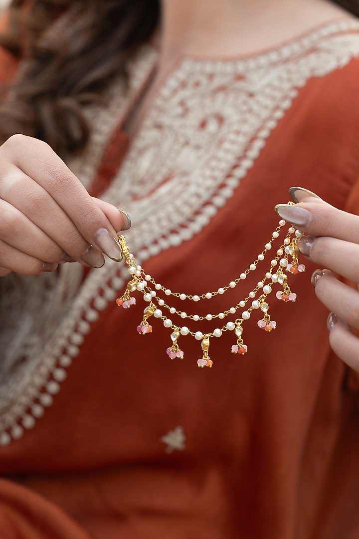 Gold Plated Kundan Polki & Multi-Colored Onyx Earchains by Do Taara at Pernia's Pop Up Shop