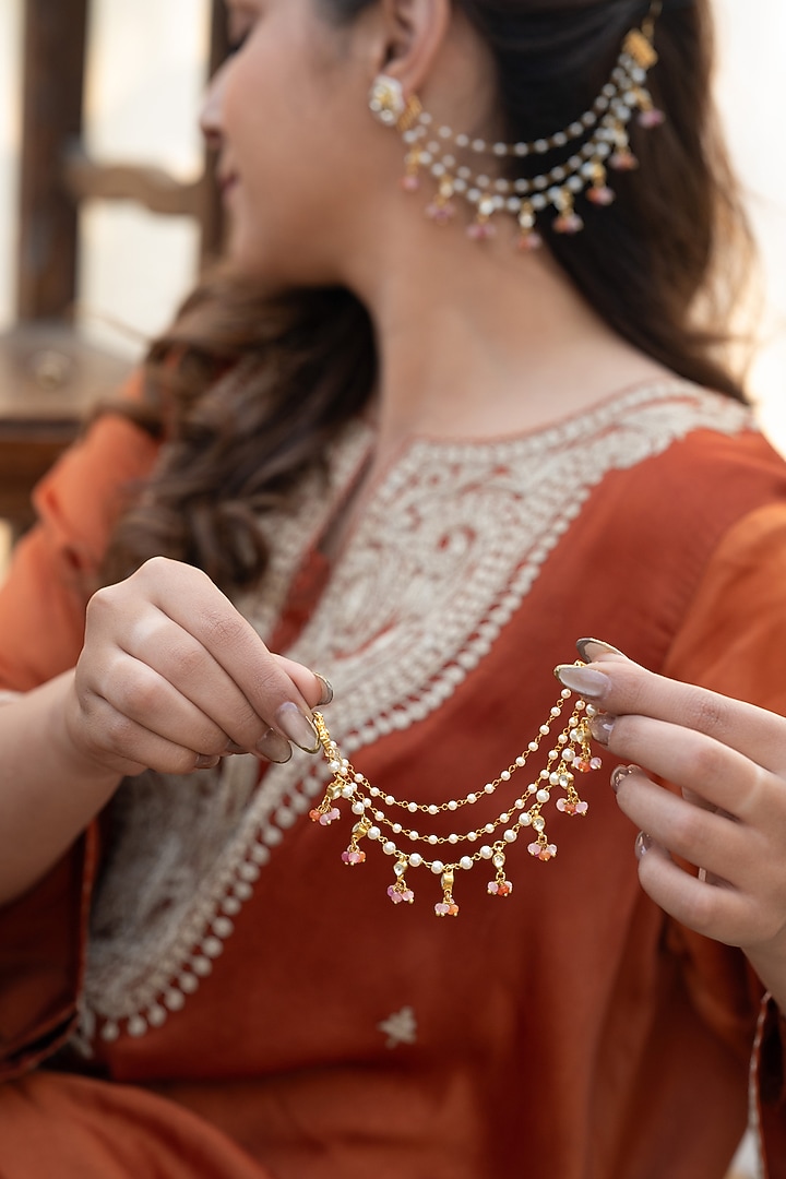 Gold Plated Kundan Polki & Multi-Colored Onyx Earchains by Do Taara at Pernia's Pop Up Shop