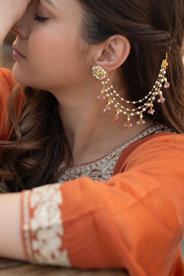 Gold Plated Kundan Polki & Multi-Colored Onyx Earchains by Do Taara at Pernia's Pop Up Shop