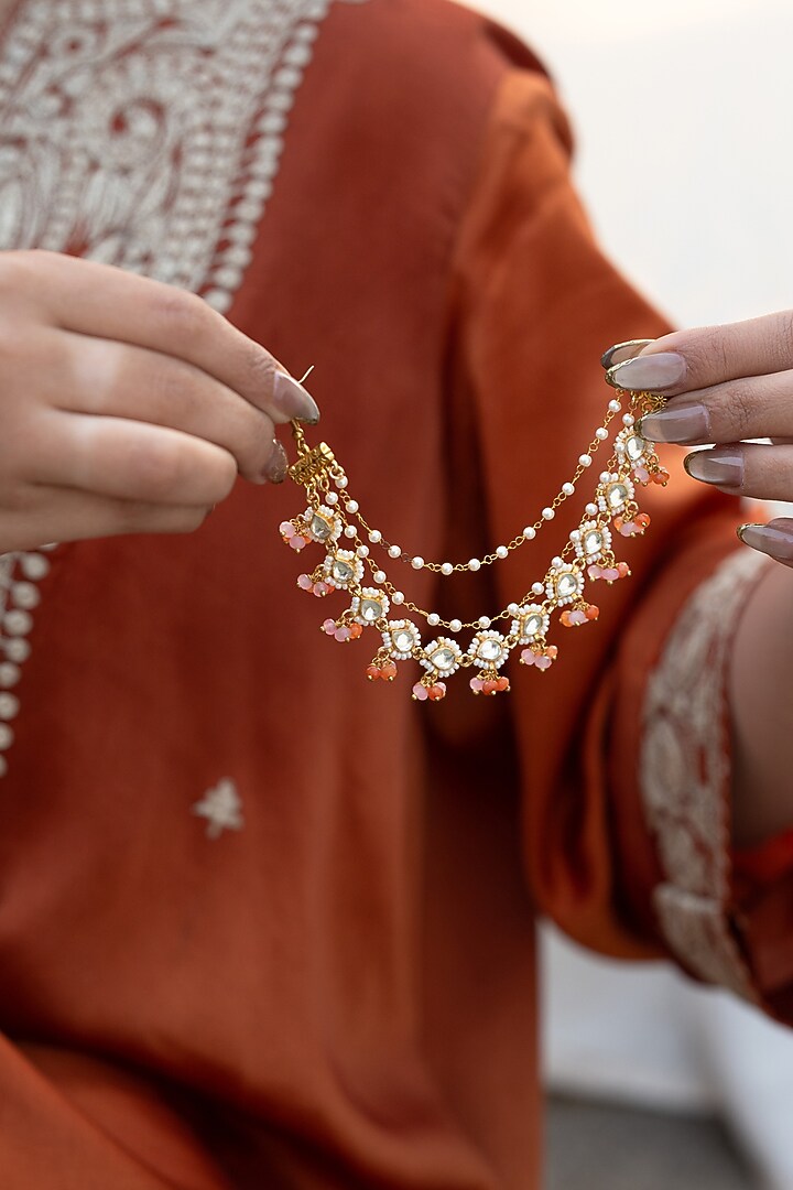 Gold Plated Kundan Polki & Pearl Earchains by Do Taara at Pernia's Pop Up Shop