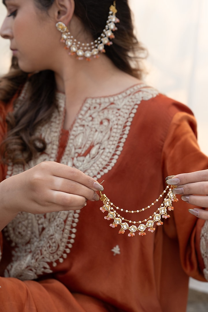 Gold Plated Kundan Polki & Pearl Earchains by Do Taara at Pernia's Pop Up Shop