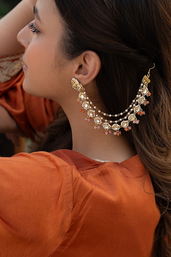 Gold Plated Kundan Polki & Pearl Earchains by Do Taara at Pernia's Pop Up Shop