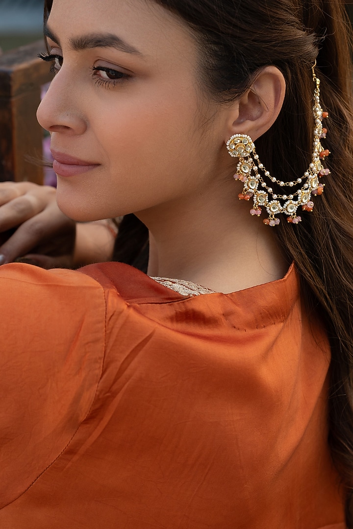 Gold Plated Kundan Polki & Pearl Earchains by Do Taara at Pernia's Pop Up Shop