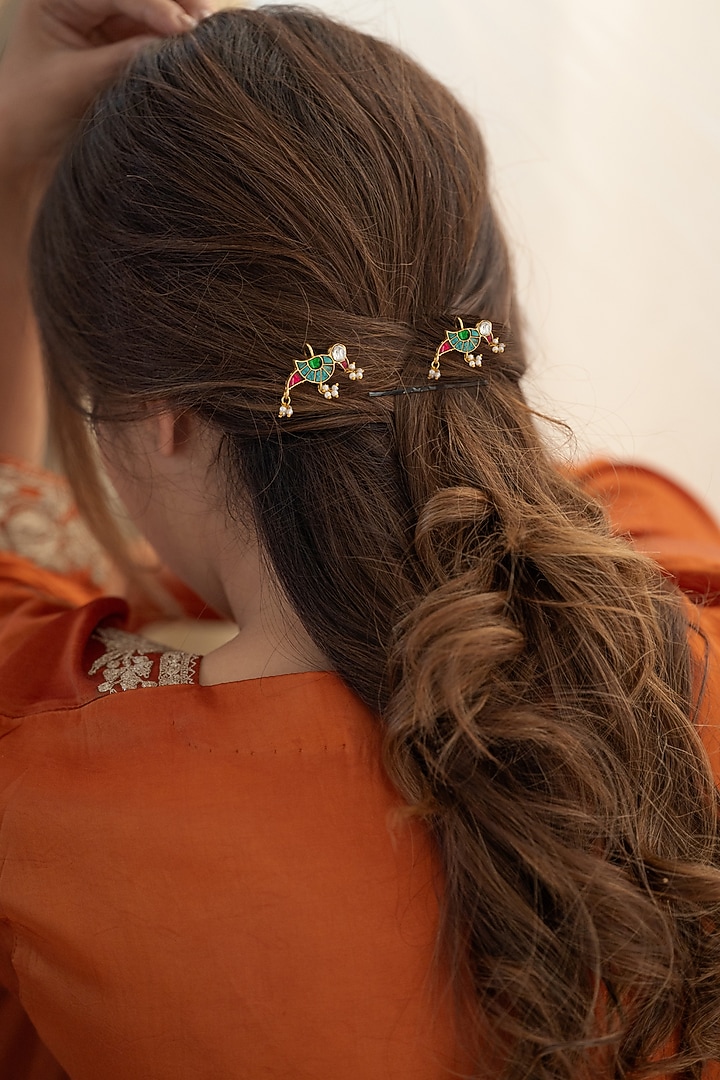 Gold Plated Multi-Colored Kundan Polki & Pearl Braid Pins (Set Of 2) by Do Taara at Pernia's Pop Up Shop