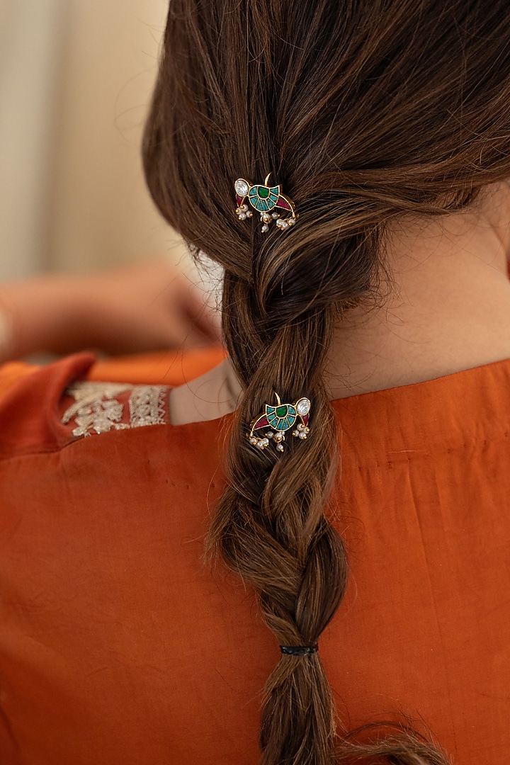 Gold Plated Multi-Colored Kundan Polki & Pearl Braid Pins (Set Of 2) by Do Taara at Pernia's Pop Up Shop